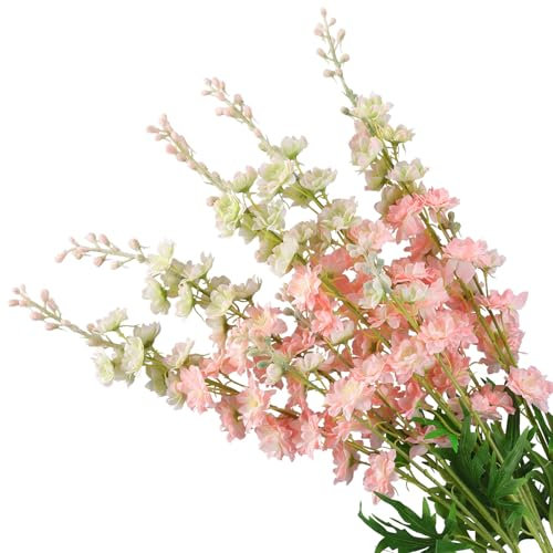 IYGWQWO Pink Delphinium Artificial Flowers, 5pcs 33 Silk Larkspur Faux Flower with Long Stem Fake Bouquet for Tall Floor Vase Kitchen Home Indoor Hyacinth Floral Plant Centerpiece Decor