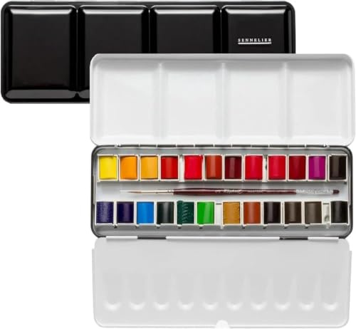 Sennelier Box mit Aquarellfarben, extrafein, 24 halbe Nägel mit 1 Pinsel und 2 Karten. Metalldose