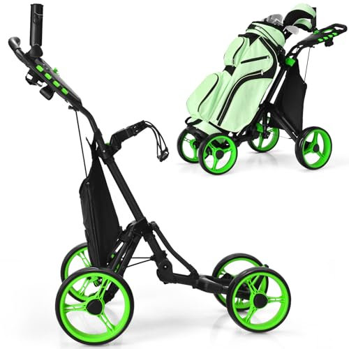 SPOTRAVEL 4 Wheels Golf Push Cart, Foldable Golf Trolley with Storage Bag, Height-Adjustable Handle, Foot Brake, Umbrella & Cup Holder, Portable Golf Bag Holders for Golf Clubs (Green)