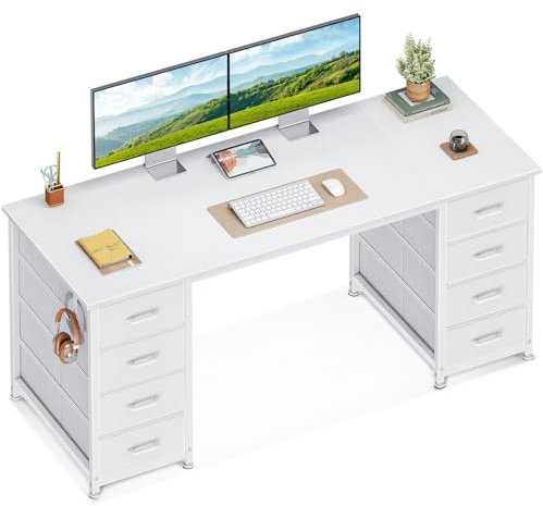 Coleshome Scrivania con 8 Cassetti in Tessuto, 140x48cm Scrivania per Computer con Portacuffie, Scrivania Salvaspazio Tavolo Ufficio per Studio, Camera da Letto, Bianco