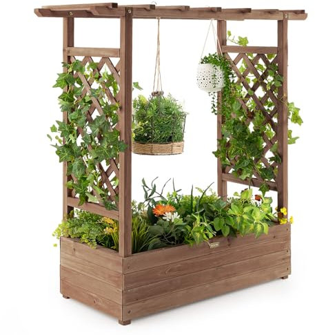 COSTWAY Hochbeet mit Rankgitter & hängendem Dach, Pflanzkasten mit Rankhilfe, Blumenkasten für Kletterpflanzen & hängende Körbe, für Garten Hof Terrasse, Pflanzgefäß aus Holz, Braun