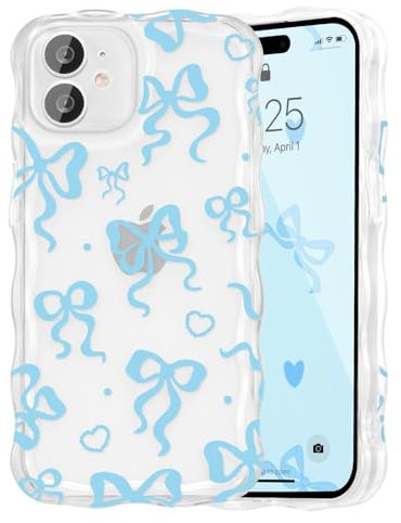 UEEBAI Bow Case for iPhone 11, Wavy Cute Ribbon Pretty Aesthetic Case Curly Stylish Soft Wave Clear Phone Shockproof Protective Pretty Cover for Women Girl - Sky Blue