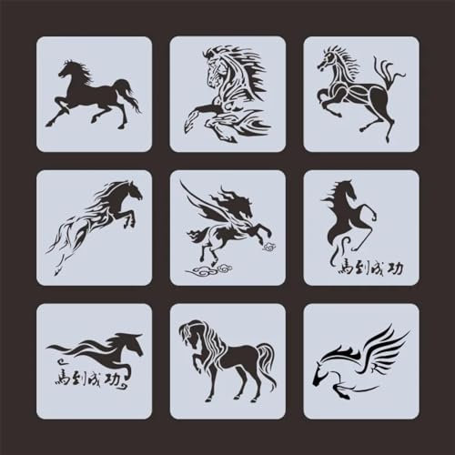 Schablonen zum Malen auf Holz, 9 Stück, 13 x 13 cm, Motiv: Tiere, Pferde, wiederverwendbare Malvorlagen für Heimwerker, Handwerk auf Holz, Wand, Leinwand, Heimdekoration
