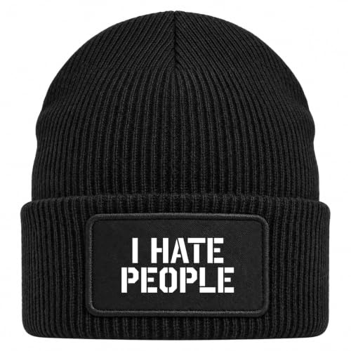 Huuraa Beanie I Hate People Geschenk | Black Geschenkidee Schwarze Rippstrick Wintermütze mit austauschbarem Klett Patch