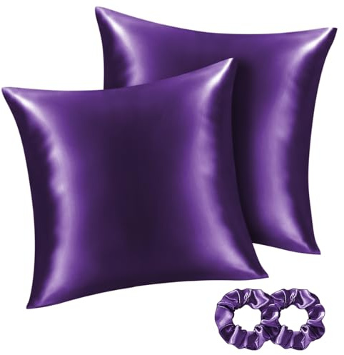 BEDELITE Satin Kissenbezug 2er Set 80x80 Lila | Seidenkissenbezug Alternative, Weich für Sommer, 2 Haargummis inklusive, für Haar und Haut