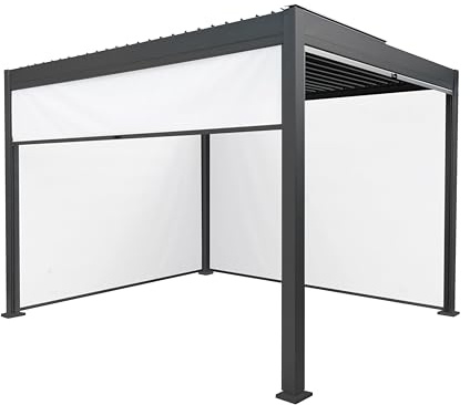 Metal Pergola 3m x 3m Anthracite Grey With 4 Retractable White Mesh Blinds Tilting Canopy Roof Aluminium Outdoor Garden Gazebo Sun Shelter Drainage Weather Resistant Tools & Ground Bolts Included