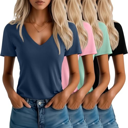Neer Pack de 4 Camisetas Mujer Cuello en V Manga Corta Verano Casual Corte Holgado Dobladillo Recto Básicas(Azul neblina, Rosa Claro, Verde Menta, Negro,S)