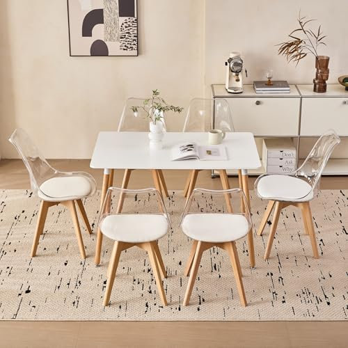JZGORC Juego de Mesa y Sillas de Comedor para Cocina con 6 Sillas, Mesa Rectangular de Madera, Sillas Nórdicas Modernas Rransparentes, para Comedor, Cocina y Sala de Estar (Blanco + Blanco)