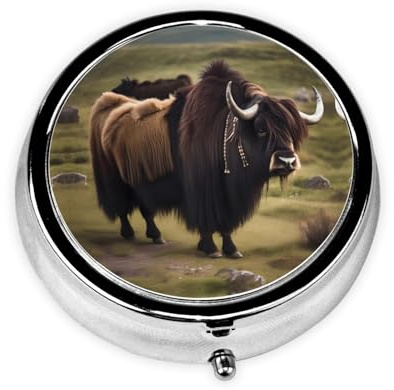 Mighty Highland Yak Runde Mini-Pillendose, leicht und tragbar, mit 3 Kunststoffeinsätzen, geeignet für den Transport in Taschen oder Geldbörsen.