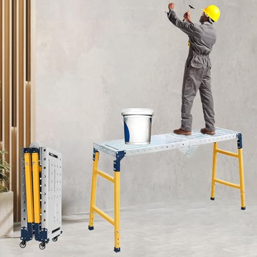 SCGSJZH Arbeitsplattform Höhenverstellbar Klappbar Gerüst, 2-in-1 Multifunktions Fahrbares Arbeitsbühne, Verzinkte Tischplatte, Höhenverstellbar 60-90cm, Traglast 500 kg (120x36 cm)