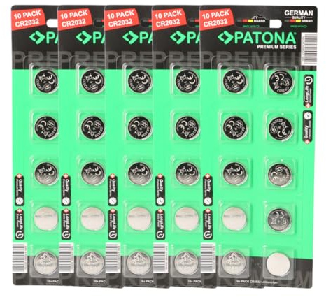 PATONA Premium CR2032 Lithium Batterie 3V 240mAh, 50er Pack (5×10 Blister) – Knopfzellen für Uhren, Autoschlüssel, Fernbedienungen, Spielzeug, Fitness-Tracker, Fahrradcomputer, medizinische Geräte