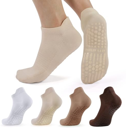 BUDERMMY 4 Pairs Pilates Yoga Grip Socks for Women Non Slip Slipper Grippy Socks Breathable Cotton Dance Trampoline Trainer Socks