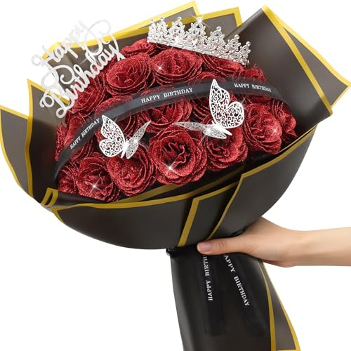 MEIVINES 24 Stück Glitzer Rosenstrauß Glitzer Rosen Blumenstrauß | Kunstblumenstrauß Rosen DIY Glitzer Bouquet mit Krone für Valentinstag, Hochzeit, Verlobung, Geburtstag (Rot)
