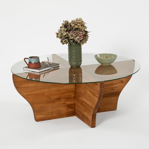 Hanah Home Modern Coffee Table, Chestnut Color, 92 x 36 x 92 cm | 100% Tempered Glass Top, 100% Pine Solid Wood Frame | Stylish & Functional for Living Spaces