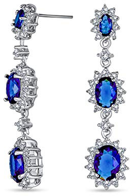 Lange königsblaue dreifache ovale Halo-Simulierter Saphir CZ Kronleuchter-Ohrringe für Frauen, elegant versilbert mit funkelndem Zirkonia.