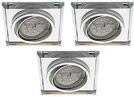 Trango 3er Set 6729S-03GUSD-AK *CRYSTAL* Einbaustrahler aus Glas handgeschliffen & Alu inkl. 3x 3-Stufen dimmbar GU10 LED Leuchtmittel 3000K warmweiß Einbauleuchte Einbauspot, Deckenleuchte Deckenspot