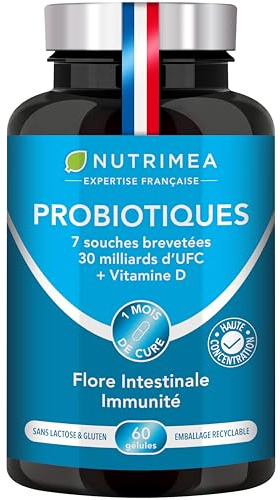 Probiotique Flore Intestinale | 30 à 60 Milliards d'UFC | Aide la Digestion | Complexe de 7 Souches Brevetées de Ferments Lactiques | Avec Vitamine D | 60 Gélules Vegan | Nutrimea | Fabriqué en France