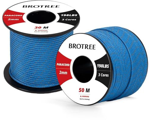 Brotree 2mm Paracord 3 Hebras 30M 100% Nylon Cuerda de Paracaídas para Al Aire Libre, Artesanía, Bricolaje - 90kg Carga de Rotura (Reflectante Azul Oscuro)