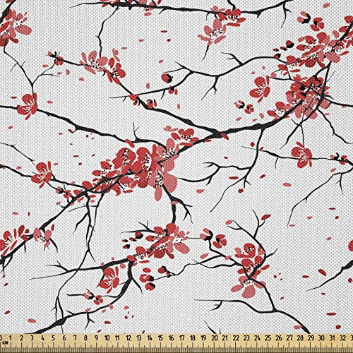 ABAKUHAUS Blume Satin Stoff als Meterware, Japanische Kirschblüten, Zum Nähen Toller Stoff für Heimtextilien Aller Art, 3M (148x300cm), Korallen Schwarz