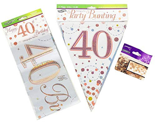 40th Birthday Decoration Kit Age 40 Decorations Banner Bunting Confetti Rose Gold FANCYDRESSCOZ FDC Him Her Men Women