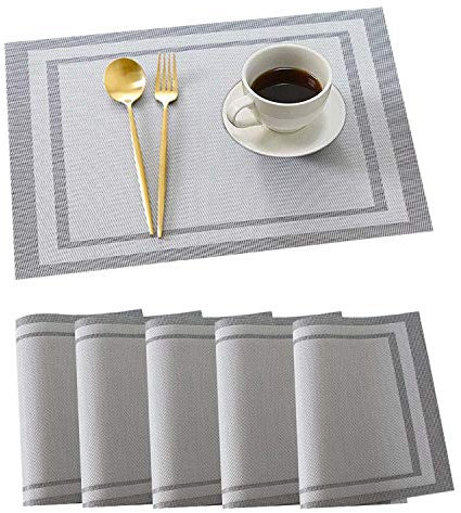 Place mats set of 6,Table Mats Non-slip Heat Resistant Dining Kitchen Table Mats Washable Crossweave Woven Vinyl table mats set of 6 (11.8 in x 17.7 in) (Silver stripes)