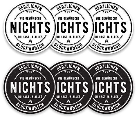 PICTALOO Etikett Nichts – du hast ja Alles, witziges Geschenk zum Geburtstag, für Männer und Frauen, lustige Idee zum Verzieren von Kleinigkeiten, selbstklebend, rund (Sixpack Mix)