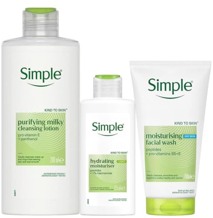Simple Kind To Skin Care Bundle Of Purifying Cleansing Lotion 200ml, Moisturising Facial Wash 150ml, and Replenishing Rich Moisturiser 125ml For Sensitive Skin