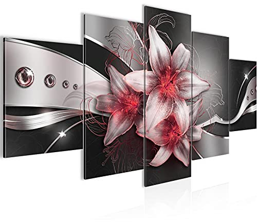 Runa Art - Tableau Lys De Fleurs 200 x 100 cm 5 parties XXL Decoration Murale Dessin noir rouge 039651c