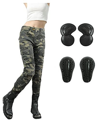Damen Motorradhose Motorrad Tarnmuster Jeans Biker Trousers Motorrad Hose Fahrrad Riding Schutzhose Mit 4 Abnehmbaren Schutzpolstern, Anti-Fall Motorradhose (Grün,L)