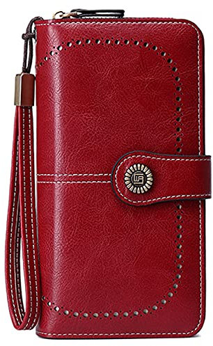 FORRICA Geldbörse Damen Portemonnaie Reißverschluss RFID Schutz Groß Geldbeutel PU Leder Frauen Lange Brieftasche mit Viele Fächer Armband Rot