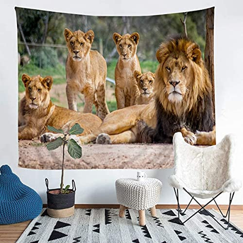 Homemissing Löwe Wandbehang 3D Wild Tier Wandteppich 130x150cm Tierwelt Stil Dekor Tapisserie für Jungen Mädchen Kinder Leichtgewicht Jungle Löwe Familie Wandkunst