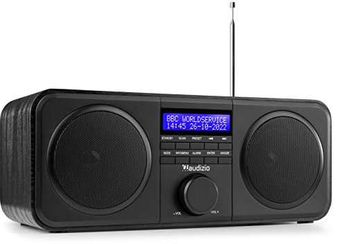 Audizio Novara Radio Dab+ Stereo - Negro - Radio FM, Reloj Despertador, 2 Altavoces de 40 W, Salida de Auriculares Universal de 3,5 mm, Pantalla LCD