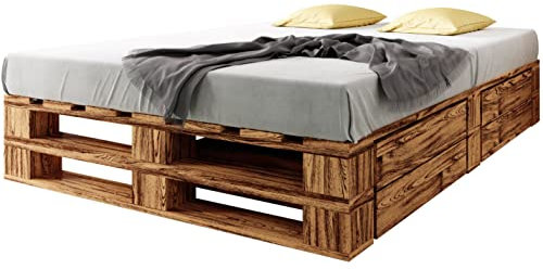 sunnypillow Palettenbett M2 aus Holz 200 x 200 cm mit Lattenrost und 2 Bettkästen. Doppelbett, Familienbett - erhöhtes Ehebett Bettgestell Futonbett KomforthöheGeflammt Massivholzbett