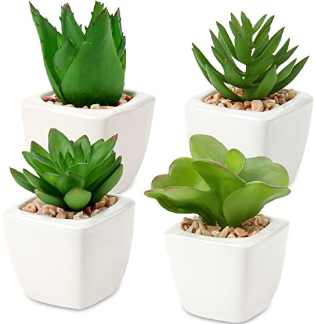 Hollyone 4PCS Small Fake Succulent Plants, Artificial Succulent in White Ceramic Pot, Decorative Faux Plants Office Desk Accessories, Greenery for Home Decor, Bathroom, Bedroom, Table Decorations