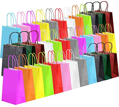 36pcs Paper Gift Bags 12 Colors Gift Bag with 36 Stickers Medium Colourful Gift Bags With Handles for Party Supplies Kids Party Baby Shower Birthday Sweet Xmas Bag 21x8x15 cm