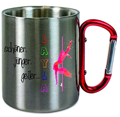 Crealuxe Edelstahltasse mit Karabiner 'Schöner, Jünger, Geiler… Layla' Tasse bedruckt, Kaffeetasse, Bürotasse, Metalltasse mit Name