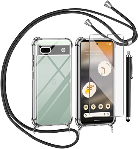 Handykette für Google Pixel 6a Hülle mit Displayschutzfolie Schutzfolie, Necklace Handyhülle mit Abnehmbar Kordel zum Umhängen Transparent Silikon Schutzhülle mit Band in Schwarz