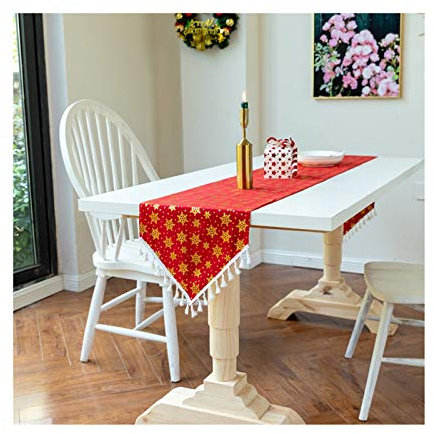 EHOMERY Tischtücher Buffet, Tischläufer Petrol Weihnachtsschneeflocken Quasten drucken Tischläufer Cotton 33x240CM