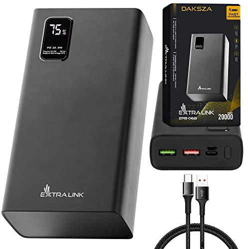 Extralink EPB-068, Bateria Externa Carga Rapida, Power Bank 20000mAh, Fast Charging 22.5W, USB-C, Pantalla Digital, Cargador Portatil, Batería de polímero de Litio, Carcasa Robusta, Negro