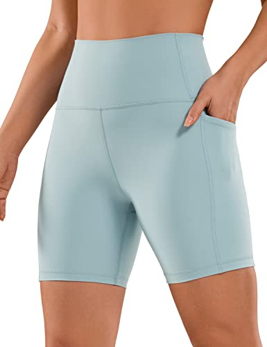 CRZ YOGA Women's Naked Feeling 6'' Yoga Shorts with Pockets - High Waisted Gym Cycling Fitness Shorts Light Grayish Blue 16