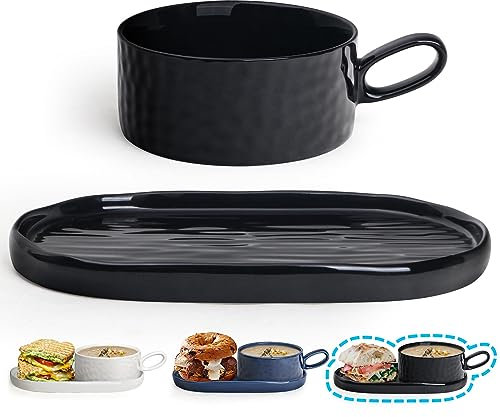 Wareland Soup Bowl with Handle & Salad Plate, Soup and Sandwich Plate Combo, 18oz Soup Mug/Cup for Cereal, Ceramic Pasta Plate for Appetizer, Dessert, Rice, Dishwasher & Microwave Safe, Bright Black