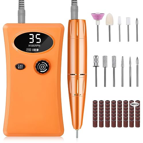 Electric Nail Files Professional,Urbuti Portable Nail Drill Machine for Acrylic and Gel Nails,35000RPM Rechargeable Electric Manicure Pedicure Set (Orange)