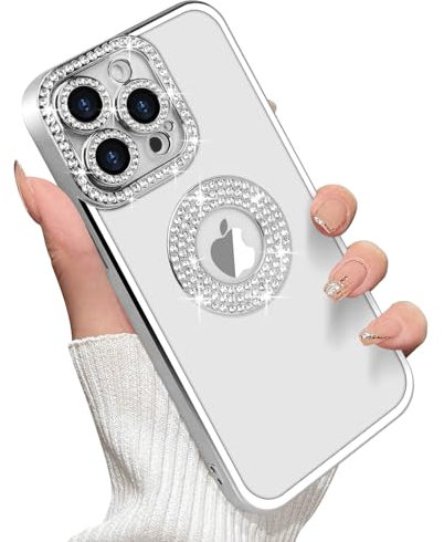 Losin for iPhone 14 Pro Max Glitter Case with Logo View for Women Girls Luxury Cute Diamond Case Bling Camera Protective Soft Clear Sparkle Rhinestone Shockproof Cover for iPhone 14 Pro Max, Silver