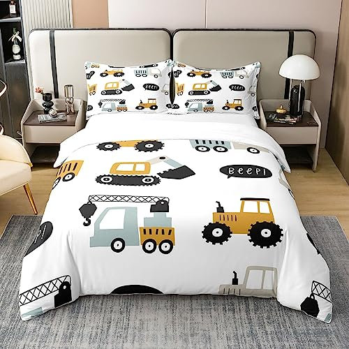 100% Baumwolle Kinder BAU Bettwäsche Set 155x220,Cartoon Bagger Traktor Bettbezug Nette Ausrüstung Kran LKW Tröster Abdeckung für Jungen Mädchen Schlafzimmer Dekor,Weiß Gelbe Bettdecke Abdeckung