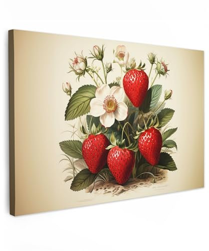 MuchoWow© Leinwand Bilder Groß 120x80 cm XXL Wanddeko Wohnzimmer Aesthetic Room Decor Deko Zimmer Wandbilder Modern Fotogeschenke Vintage - Erdbeere - Pflanzen - Obst - Natur - Beige