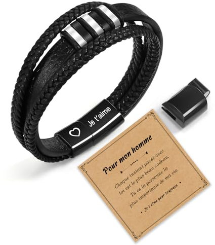 SUNSH Bracelet Homme, Cadeau Homme, Idee Cadeau Homme Original, Bracelet Cuir Homme pour Mari Petit Ami, Cadeaux Anniversaire Saint Valentin Noel-Je T'aime