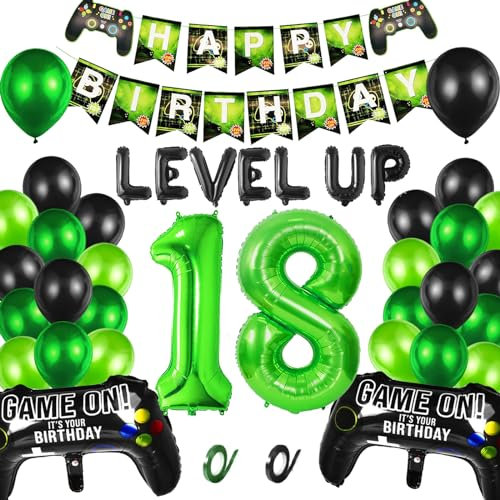 LUKIUP 30 PCS Gamer Deko Geburtstag Junge 18 Jahre, Folienballons mit Banner, 9/10/11/12/13/14/15/16/17/18 Jahr Videospiel Geburtstag Deko Set, für Spielthemen Party Geburtstag Dekoration Junge