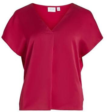 Vila Damen Viellette V-Neck S/S Satin Top-Noos Kurzarmbluse 14089239,Cerise,36