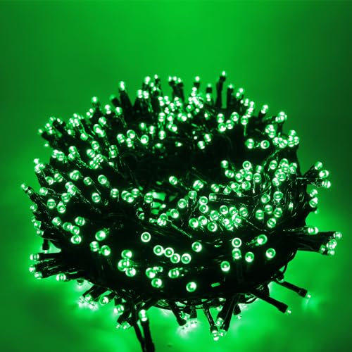 Luccika stringa natalizia con luci a led su cavo verde per uso interno ed esterno controller 31V con 8 giochi di luce e memoria (Verde, 5 Metri con 100 Led)