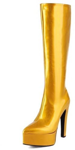 Lroey Reoly Stivali Alti Fino Al Ginocchio da Donna, Stivali da Sera Appuntito Tacco Alto Stivali Alti Senza Chiusura con Plateau, N10342Qb Giallo Numero 43 EU